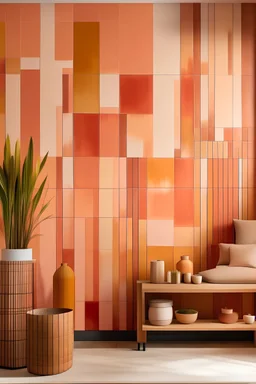 Hand-paint a mural featuring a series of vertically arranged rectangles in warm sunset tones, creating a captivating panorama Color Palette: Burnt orange, coral, blush pink, golden yellow.