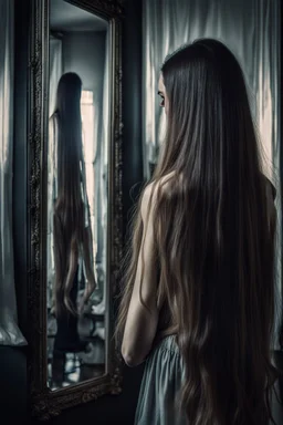 back view of a woman, beautiful long hair, her reflection in a mirror is an empty face, symbolism for the question "who am I", 32k, Mysterious and gothic, chaotic