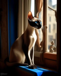sleek Oriental Shorthair Siamese with rich chocolate point markings, its slender body poised elegantly on the narrow windowsill of an old, ornate apartment. The late afternoon sun casts golden streaks through the slightly parted curtains, illuminating the cat's almond-shaped, sapphire-blue eyes as it gazes intently at the bustling street below. Its large, bat-like ears twitch at distant sounds, while the delicate curve of its whip-like tail drapes over the edge of the sill. The window frame, wea