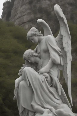 Avery close up of a large statue on a cliff of a crying angel