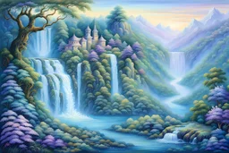 In the style of Josephine Wall, An amazingly beautiful complex detailed landscape with a gorgeous waterfall, plants made of different leaves in various shades of green and delicate flowers in shades of blue and shades of purple, beautiful intricate trees,