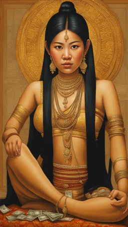 (((Nang Kwak))) is a Thai woman, beautiful face, wearing a loincloth. wear jewelry Hair styled in the traditional Dok Krathum style, sitting with a squat fold, left hand resting on the lap. There is a bag of money on the hand. Right hand raised in a calling gesture. Oil painting, realistic, wide angle