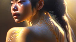 beautyfull asiatic woman, art by kiera malone photography, concept art modern photorealistic, in the style of , Artstation, sunlight, Unreal Engine sharp fine details trending on artstation reflections 4k ultra realistic post-processing A detailed illustration of a beautiful young female human with growing out of her back. Her skin, hair and face are all made of paint. Her wings are spread. Front view. Highly detailed flawless facial features and eyes. Abstract Oil painting splash art. White ba