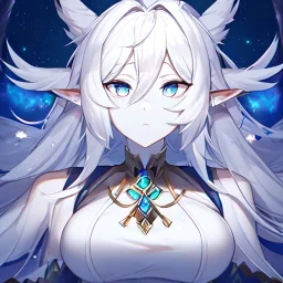 cosmic mage, elf, female, battle mage, epic, cosmic magic, long ears, white hair, face details, pale skin, jewellery, broad shoulders, sharp ears, cosmic clothes, cosmic eyes, ears shown, light out of eyes, the cosmos in eyes, stars in eyes, shining eyes, non human face, thin face, animation, detailed ears, magical eyes, non realistic, closed mouth, bigger make up, smile