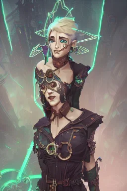 beautiful steampunk elf in a neon dystopian city