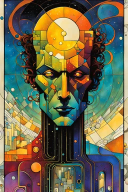 Create a chaotic abstract cubist Tarot Card depicting a post apocalyptic, The Fool , with highly detailed facial features, in the style of Bill Sienkiewicz, Philippe Druillet, Gustav Klimt, and Jean Giraud Moebius, precisely drawn, colored and inked