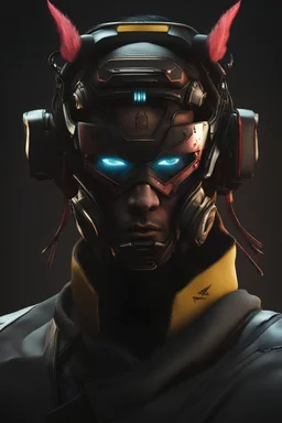 cyberpunk 2077 male samurai with the letter m on his mask. full face mask