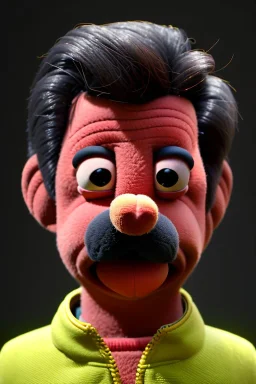 Waist up muppet Portrait, Nicolas maduro us muppet doll, black hair, Venezuelan president, red and yellow tracksuit, mustache, photo studio, background, unreal engine 5, concept art, art station, ray tracing, lumen lighting, ultra detail, volumetric lighting, 3d.