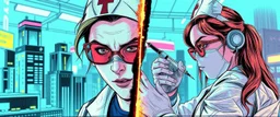 cyberpunk mega city fallout 4, airbrush and pen outline, A cinematic, high-end advertisement image for a fictional service called “Business Women Spice Girl Nurse Glam Fashion Party™”. Split-screen composition with two contrasting emotional states. Mad scientist getting injected.