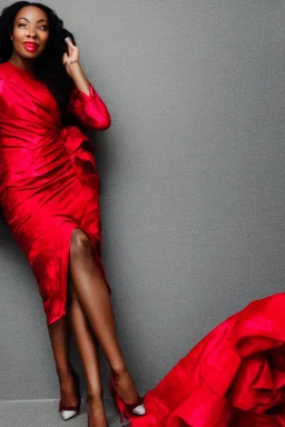 Portrait of a black woman wearing stylish red and silver dress.