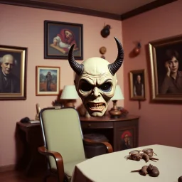 Flash photo of a room, 1980 horror movieshot, with chair, table, odd objects in background, ugly and scary mask, odd paintings hanging in the walls, rotten fruits, pair of glasses, horns, skin