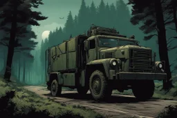 Military truck on a road, forest, overgrown apocalyptic, comic book, cinematic, far,