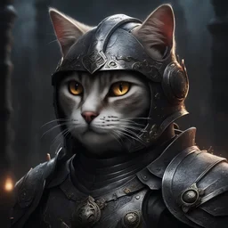 (realistic:1.3), poster,intricate details,painting \(artwork\), ((masterpiece,best quality)), ((cinematic light)), cat,hybrid,hyperealistic, scary, dark fantasy \(style\), detailed armor, detailed helmet