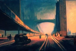 street, highway, bridge, distant city, city lights, people, cars, buildings, mist, claude monet and edouard manet painting