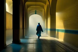 Iranian Karvansara architecutre, Isfahan architecture, Luis Barragán style of color architecture, dancing with Iranian tradition cloth, rainy weather, sunray, fog