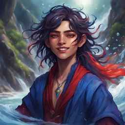 A non-binary human sorcerer (she/they) from the Feywild, light brown skin, very chaotic, outwardly happy but naive, androgynous, background: flowing water, dark hair with colorful streaks, Fey clothing, color scheme: blue and red