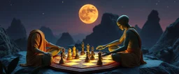 alien yoga monk chess masters playing serious glowing chess on hex map in lounge on beautiful lush planet