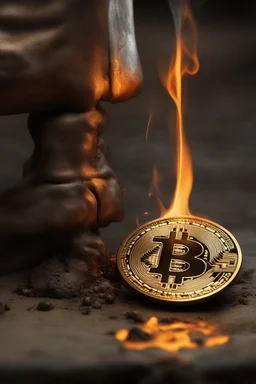 A Bitcoin logo is burned into the skin of a man's leg calve by an old branding iron, the kind that was used for animals. It's dramatic and happended in the moment, close view. It is still hot and steam can be seen from the burn mark. Hyper realistic photorealistic painting, dramatic, ultra detailed, cinematic lighting,