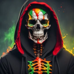 epic professional photo shoot of the frontal portrait of a skeleton weaing a black hoodie covered in red oragen yellow green paint, league of legends, profile picture