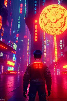 Thriller scene, Kaneda of Akira anime, neotokyo city, retro futuristic style, glow eyes, cinematic, Ultra realistic, wide angle view, soft color, highly detailed, unreal engine 5, RTX, ultra detail, volumetric lighting, 3d, finely drawn, high definition.