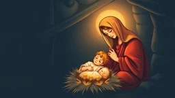 Design for a religious Christmas card showing the nativity of Jesus with his mother Mary