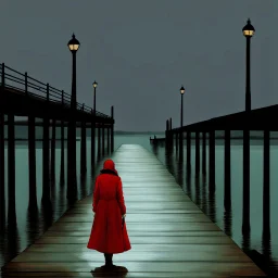 Painting of a woman wearing a long red coat and brown leather boots walking on a pier, inspired by John Atkinson Grimshaw, inspired by Jacob Schikander, inspired by John Petty, by a pier, Carl Critchlow. Moody, John Capel, by Jacob Schikander, by John Atherton, by John Alexander, by Eamon Everell, by John Laurie Morrison, Waves breaking on the pier, in the background a full moon shining in yellow light, A thick mist rises from the water