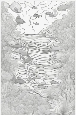 Stress Relief themed coloring page for adult, cartoon style, thick outline, No details, No shading, No colors, no background, black outline only, A cute underwater world filled with graceful sea creatures and soothing waves