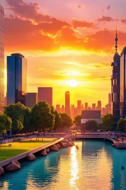Amazing colorful sunset, buildings, lake, city, park, rocks, cyberpunk, sci-fi, photography hd