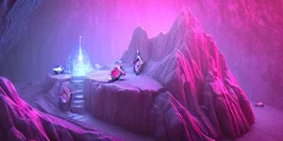 single pink crystal, on an altar in a foggy cave, cinematic,