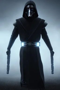 All Black Anakin Skywalker soldier, ghost, wearing high tech mask, white smoke, dark, rage, sorrow, high definition, ultra 8 k, volumetric lighting, blue fire, fog