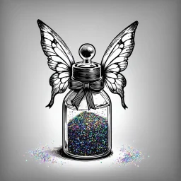 Make black and white cute drawing of a Fairy Dust Bottle with black bold lines. Only outline, no grayscale. A tiny glass bottle filled with glowing, sparkling dust in rainbow colors. Add wings to the bottle or have it tied with a ribbon and surrounded by floating, glowing specks.