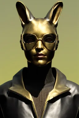 Medium Close Up Portrait, Front image. cyberpunk, rabbit mask, sweet woman, gold hair. Leather suit army. Yellow, black, white, color. Gucci style. Color background, photo studio. Avatar image, highly detailed, concept art, smooth, unreal engine 5, ray tracing, RTX, lumen lighting, ultra detail, volumetric lighting, 3d, finely drawn, high definition, high resolution.