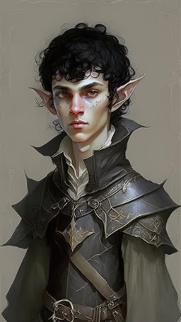 boy elf,he has curly, black hair and sharp cheekbones. His eyes are black. He wears fantasy medieval clothes. he is lean and tall, with pale skin, full body with boots, side view