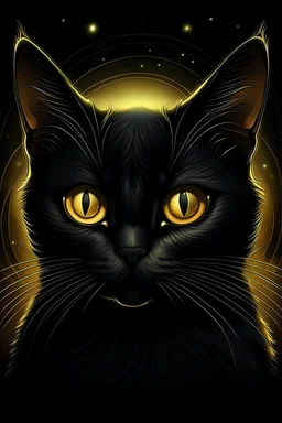 Eine kleine schwarze Katze mit goldenen Augen und einem goldenen Stern auf der Stirn im Fantasy Stil