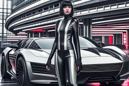 A Full-Length Pale Dark-Haired Woman With A Straight Bob Hairstyle With A Fringe, In A Futuristic Leather Outfit, And Gloves, Standing Next To A Futuristic Car, in a futuristic city