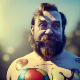 Ultra realistic circus scene. Classic Naked strongman, waist up view, old school tattoo, Wes Anderson style, happy, bubbles, butterflys, highly detailed, concept art, unreal engine 5, god rays, ray tracing, RTX, lumen lighting, ultra detail, volumetric lighting, 3d, finely drawn, high definition, high resolution.