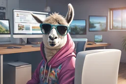 A llama typing on a desktop computer, wearing a cool hoodie and sunglasses, office room in the background, photorealistic, 4K, hd