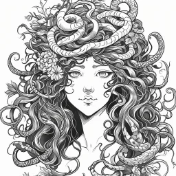 Make black and white cute drawing of a Medusa with black bold lines. Only outline, no grayscale. A Medusa with a head full of smiling, tiny snakes, instead off a hair! She’s standing in a garden of stone statues that she has lovingly decorated with flowers, showing a gentle personality.