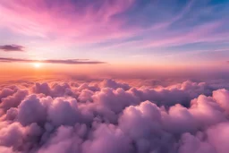 In a sea of clouds. Clouds are a mix of pinks, purples and peach colours from the sunset. It feels like you're flying in a dream. There a sparkles scattered throughout. It feels airy and light. Chromatic aberration effect. Dream aesthetic. y2k feeling. Clouds are really fluffy.