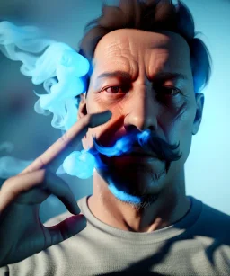 Realistic image, a guy making the fuck you gesture with his hand, blue smoke coming out of his eyes, nose and mouth. soft color, highly detailed, unreal engine 5, ray tracing, RTX, lumen lighting, ultra detail, volumetric lighting, 3d, finely drawn, high definition, high resolution.