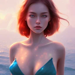 Insanely portrait of beautiful girl, beautiful face, sunny, relaxing, sea, trees, glossy, real details, hyper ultra photo realistic, anime style, fantasy art, glowing landscape, 8k