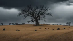 LUMPED HILL CULTIVATED WITH WHEAT WITH A DRY TREE, ON A DARK DAY WITH THREATENING CLOUDS, IN MEDIUM SHOT AND HDR LIGHTING, 4K, SOME CROWS ARE POSTING ON THE TREE AND SOME COWS GRAZE ON THE GROUND, MELANCHOLIC ATMOSPHERE