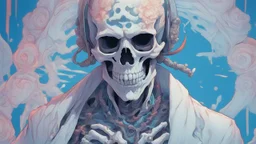 a close up of a person with a skull on their head, blue and white colors, anime skull portrait man, scary detailed art in color, hiroyuki-mitsume takahashi, nychos art aesthetic, half man half skeleton, anime cyberpunk art, colored manga art, rossdraws pastel vibrant, hot colors. insanely detailed, beautiful anime portrait, stunning anime face portrait, scary art in color