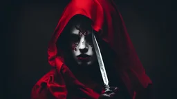 woman with a dagger, covered face, mysterious, image black and red, a killer