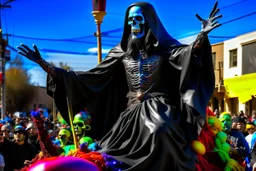 cartoonish jesus parade balloon pulled by multiple grim reapers, multi colored, bright, vivid, psychedelic, high detailed, high gloss, insanely detailed, matte, horrorcore, lining the street, unsettling contrast, monument to death, live action shot grim reaper parade, pulling a jesus parade float