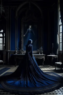 The Countess is a ghost, she has a long, flowing dark blue dress, she is in her castle, Hanging in the castle room, there is a tapestry composed of the preserved faces of the Countess' ancient victims.