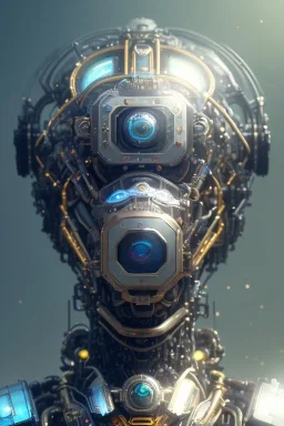 a beautiful full frame portrait digital painting of futuristic gaspunk robot, wide angle view, close-up, macro lens, centered camera, titanium accents, intricate details, small minutiae, tiny features, particulars, colorful, 8k, least ambient occlusion, volumetric lighting, volumetric clouds