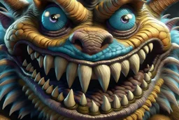 closeup of a maniacal grinning monster's face, big teeth, fur, bumps and curled horns, my pet monster inspiration, urban character design