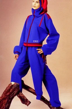 late 1990's women fashion.interesting hoodie with long tippet integrated to bolero -like attachement with pockets which goes up to a Hat with a visor with integrated headphones to it. Karjalainen kuvio, Karjala patterns. dress with strange cut. Colors: denim blue, blue, purple, khaki, "pastel light green", lilac, plum, orange, terracotta, red, pink, dark blue, beige. Women models. Starling pattern prints.Jennifer Lopez, Gwyneth Paltrow. intgrated bag. Big tennis shoes on. Cargo pants.