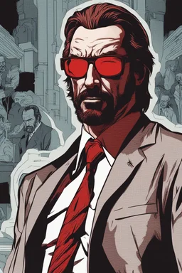 an muscular and menacing Hans Gruber wearing red-tinted glasses